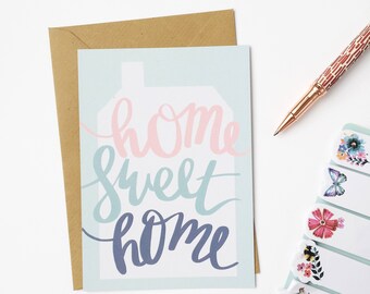 New Home Card - Home Sweet Home - Illustrated Greetings Card - Hand Lettered - Recycled Card - Moving House Card - New House - Watercolour