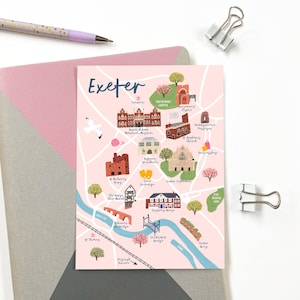 Cartão postal com mapa de Exeter - Cartão postal com mapa de Exeter - Mapa ilustrado de Exeter - Cartão postal de Devon - Presente de Exeter