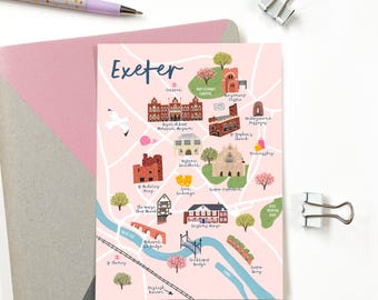 Exeter Map Postcard - Map of Exeter Postcard - Illustrated Exeter Map - Devon Postcard - Exeter Gift