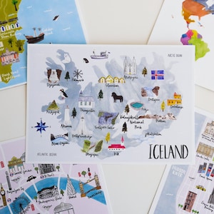 Iceland Map Postcard Watercolour Postcard Map of Iceland Icelandic Map Illustrated Iceland Map Travel Gift Nordic Map image 3