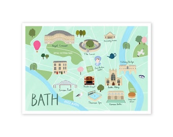 Bath Illustrated Map - Bath Tourist Map - Bath Landmarks Illustration - Illustrated Bath Map - Bath City Map - Bath Travel Map