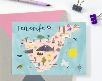Cartolina con mappa di Tenerife - Cartolina di Tenerife - Mappa di Tenerife - Mappa delle Isole Canarie - Mappa illustrata di Tenerife - Regalo di Tenerife