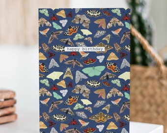 Happy Birthday Moths Card - Moth Birthday Greetings Card - Nature Birthday Card - Moths Pattern Card - Blank Birthday Card