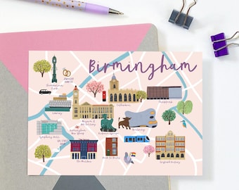 Illustrated Birmingham Map Postcard