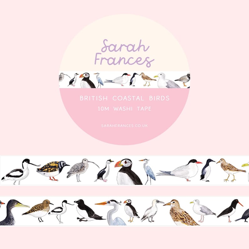 May include: A roll of washi tape featuring a repeating pattern of watercolor illustrations of various British coastal birds. The text on the packaging reads Sarah Frances, British Coastal Birds, 10m Washi Tape, and sarahfrances.co.uk. The tape is white.