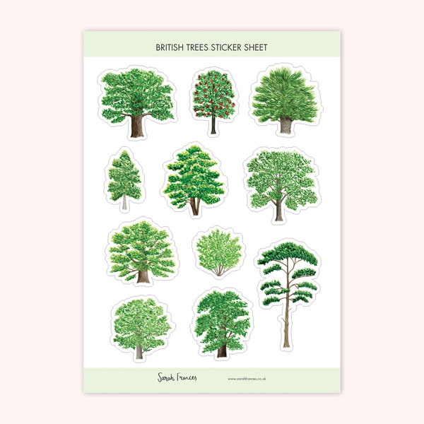 British Tree Sticker Sheet - Aquarel Tree Stickers - Tree Stickers - Tree Illustration - British Nature Stickers - Bullet Journal