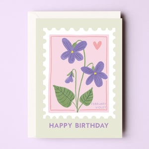 Cartão de aniversário com flores de fevereiro - Cartão de aniversário com violetas - Cartão com carimbo de flores - Cartão de bebê de fevereiro - Cartão de aniversário com flores de fevereiro