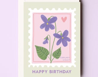 February Birth Flower Birthday Card - Violet Birthday Card - Flower Stamp Card - February Baby Card - February Birth Flower Card