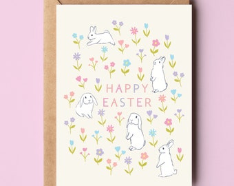 Happy Easter Greetings Card - Easter Bunnies Greetings Card - Easter Card - Bunny Rabbit Easter Card - Floral Easter Card