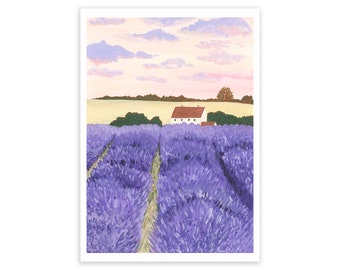 Stampa artistica Lavender Cottage - Stampa artistica Cotwolds - Stampa Broadway UK - Stampa campo lavanda - Stampa artistica paesaggistica