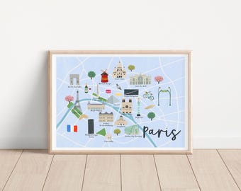 Kaart van Parijs bij afdrukken - kaart poster Parijs - poster stadskaart - geïllustreerde stadsplattegrond van Parijs Art Print - stad Parijs afdrukken