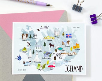 Iceland Map Postcard - Watercolour Postcard - Map of Iceland - Icelandic Map - Illustrated Iceland Map - Travel Gift - Nordic Map