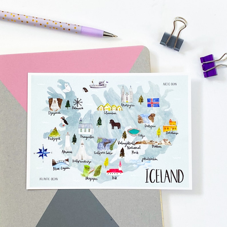 Iceland Map Postcard Watercolour Postcard Map of Iceland Icelandic Map Illustrated Iceland Map Travel Gift Nordic Map image 1