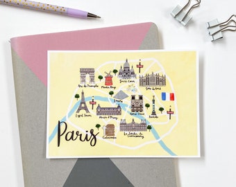 Paris-Karte-Postkarte - Illustrierte Paris-Karte-Postkarte - Paris-Karte-Kunstdruck - Illustrierte Stadtpostkarte - Reise-Geschenkpostkarte