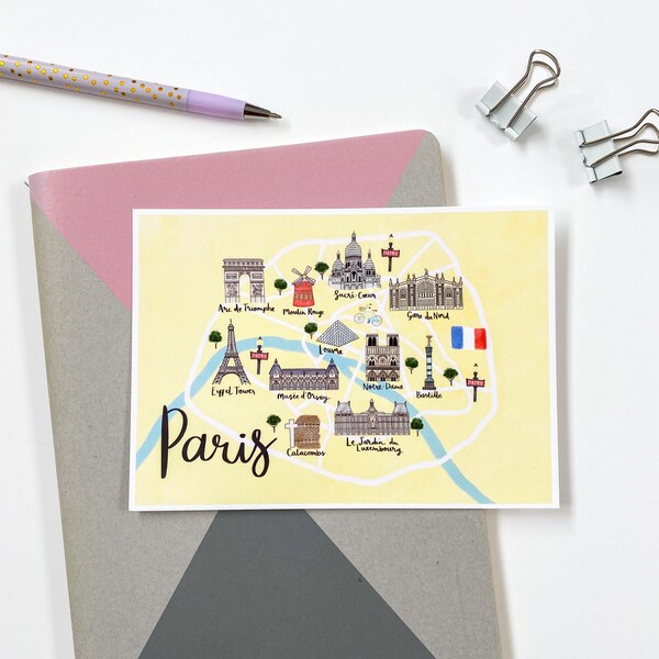 Paris Map Postcard - Illustrated Paris Map Postcard - Paris Map Art Print - Illustrated City Postcard - Travel Gift Postcard