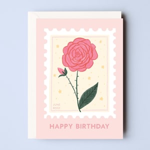 Juni Geburtsblume Geburtstagskarte - Rose Geburtstagskarte - Juni Blume Karte - Juni Geburt Blume Karte - Blume Stempel Karte