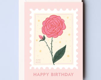 June Birth Flower Birthday Card - Rose Birthday Card - June Flower Card - June Birth Flower Card - Flower Stamp Card