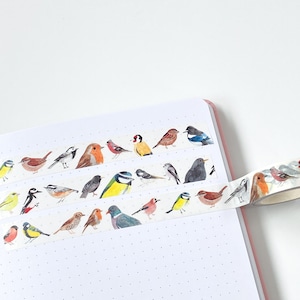 Pode incluir: Fita washi decorativa com ilustra&ccedil;&otilde;es em aquarela de v&aacute;rios p&aacute;ssaros. A fita &eacute; mostrada desenrolada em um caderno pontilhado com uma capa rosa. As aves s&atilde;o retratadas em v&aacute;rias cores, incluindo azul, amarelo, marrom e vermelho.