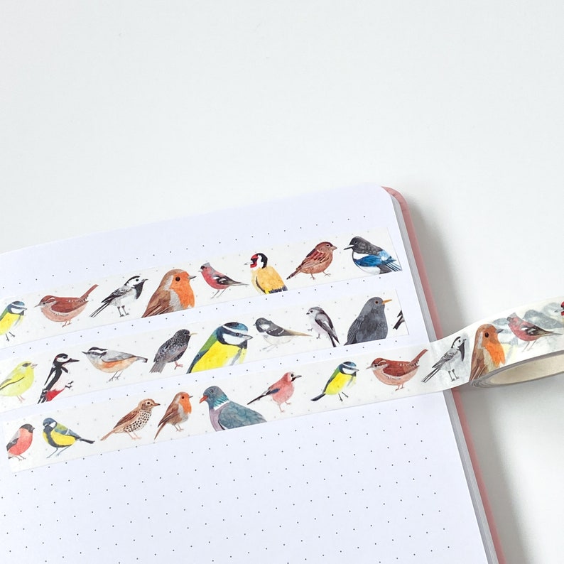 Pode incluir: Fita washi decorativa com ilustra&ccedil;&otilde;es em aquarela de v&aacute;rios p&aacute;ssaros. A fita &eacute; mostrada desenrolada em um caderno pontilhado com uma capa rosa. As aves s&atilde;o retratadas em v&aacute;rias cores, incluindo azul, amarelo, marrom e vermelho.