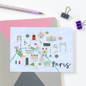 Carte postale plan de Paris - carte postale plan de Paris illustrée - impression d&#39;art plan de Paris - carte postale illustrée de la ville - carte postale cadeau de voyage