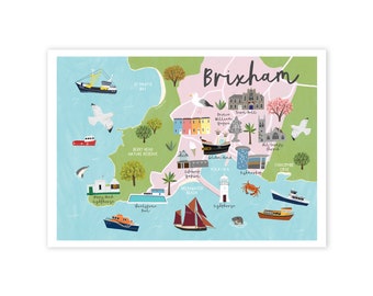 Brixham Map - A4 Print - Map of Brixham - Devon Town Map - Illustrated Brixham Map - Travel Gift - Brixham Town Map