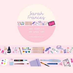 May include: A light pink washi tape roll featuring a repeating pattern of colorful art supplies including paint tubes, brushes, pencils, a palette, a sketchbook, and the text I AM AN ARTIST. The tape measures 10 meters in length and is branded Sarah Frances.