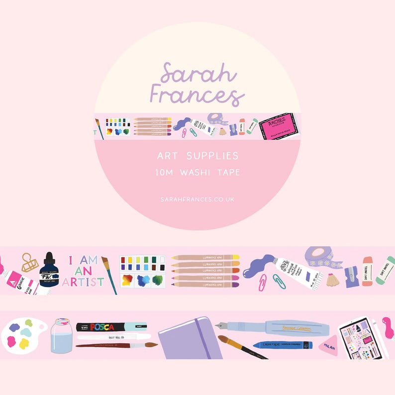 May include: A light pink washi tape roll featuring a repeating pattern of colorful art supplies including paint tubes, brushes, pencils, a palette, a sketchbook, and the text I AM AN ARTIST. The tape measures 10 meters in length and is branded Sarah Frances.