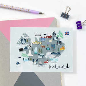Iceland Map Postcard - Iceland Postcard - Map of Iceland - Icelandic Map - Illustrated Iceland Map - Travel Gift - Nordic Map