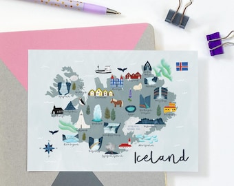 Carte postale de l'Islande - Carte postale de l'Islande - Carte de l'Islande - Carte de l'Islande - Carte illustrée de l'Islande - Cadeau de voyage - Carte nordique