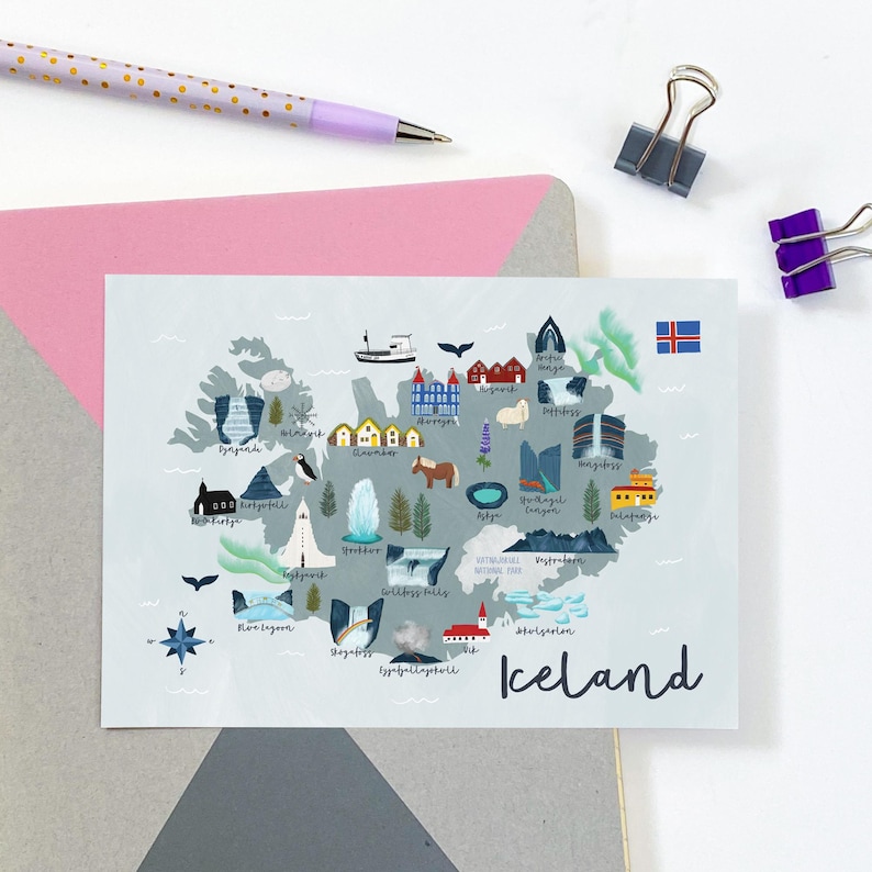 Cartolina con mappa dell'Islanda - Cartolina dell'Islanda - Mappa dell'Islanda - Mappa dell'Islanda - Mappa illustrata dell'Islanda - Regalo di viaggio - Mappa nordica immagine 1