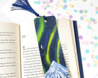 Northern Lights Bookmark - Aurora Bookmark - Luxury Bookmark with Tassel - Velvet Touch Mountain Bookmark