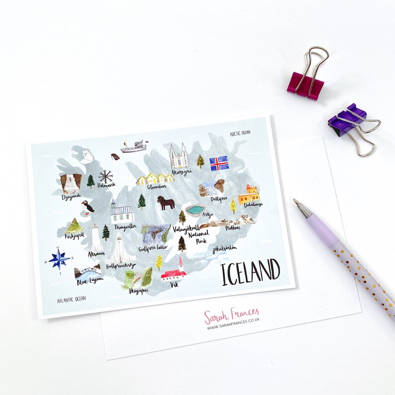 Iceland Map Postcard Watercolour Postcard Map of Iceland Icelandic Map Illustrated Iceland Map Travel Gift Nordic Map image 2