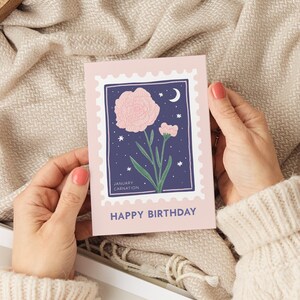 January Birth Flower Birthday Card - Carnation Birthday Card - Flower Stamp Card - January Baby Card - January Birth Flower Card image 3