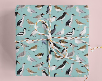 Könnte beinhalten: Blaues Geschenkpapier mit einem sich wiederholenden Muster aus verschiedenen Seevögeln, darunter Möwen, Seeschwalben und Papageientaucher. Das Papier ist um eine Geschenkbox gewickelt und mit weißem Garn gebunden.