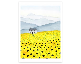 Field of Sunflowers Print - Watercolour Art Print - Sunflower Wall Art - Mountain Scene Watercolour - Sunflower Home Decor