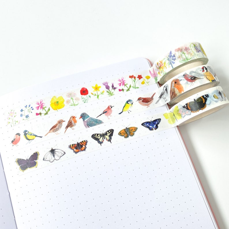 Pode incluir: V&aacute;rios rolos de fita adesiva decorativa com ilustra&ccedil;&otilde;es em aquarela de p&aacute;ssaros, borboletas e flores. Os desenhos da fita incluem v&aacute;rias esp&eacute;cies de p&aacute;ssaros, borboletas coloridas e padr&otilde;es florais. Os rolos s&atilde;o exibidos em um fundo de papel pontilhado.