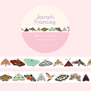 May include: A roll of washi tape featuring a repeating pattern of various British moths in diverse colors and wing patterns. The tape is white with illustrations of moths in shades of green, brown, black, red, and orange. Text reads Sarah Frances, BRITISH MOTHS, 10M WASHI TAPE, and SARAHFRANCES.CO.UK.