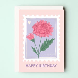 Tarjeta de cumpleaños con flor de nacimiento de noviembre - Tarjeta de cumpleaños con crisantemo - Tarjeta con flores de noviembre - Tarjeta con flor de nacimiento con crisantemo - Sello de flores