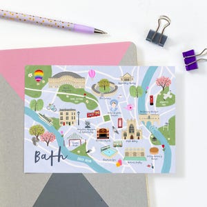 Cartão postal com mapa de Bath - Ilustração de mapa de Bath - Mini impressão artística de Bath - Mapa de marcos de Bath - Mapa ilustrado de Bath - Presente de Bath - Mapa de visitantes de Bath