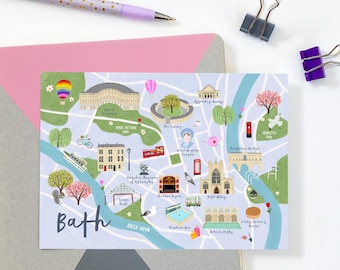 Carte postale de carte de Bath - Illustration de carte de Bath - Mini impression d'art de Bath - carte de point de repère de Bath - carte illustrée de Bath - cadeau de Bath - carte de visiteur de Bath