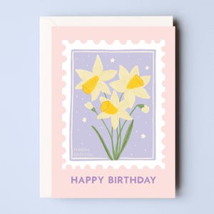Tarjeta de cumpleaños con flores de nacimiento en marzo - Tarjeta de cumpleaños con narcisos - Tarjeta con sellos de flores - Tarjeta de bebé de marzo - Tarjeta con flores de nacimiento en marzo