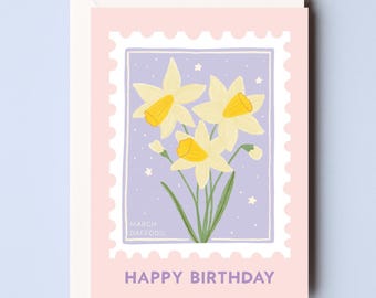 Cartão de aniversário com flores de março - Cartão de aniversário com narciso - Cartão com carimbo de flores - Cartão de bebê de março - Cartão com flores de março