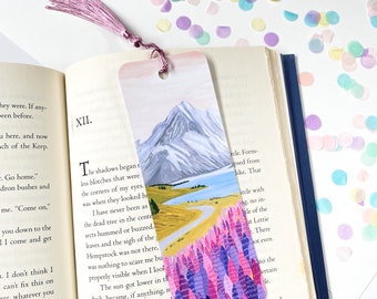 New Zealand Lupins Bookmark - Mount Cook Bookmark - Luxury Bookmark with Tassel - Velvet Touch New Zealand Bookmark