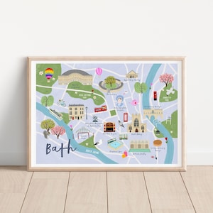 Mapa ilustrado de Bath - Mapa turístico de Bath - Ilustración de lugares de interés de Bath - Mapa ilustrado de Bath - Mapa de la ciudad de Bath - Mapa de viaje de Bath