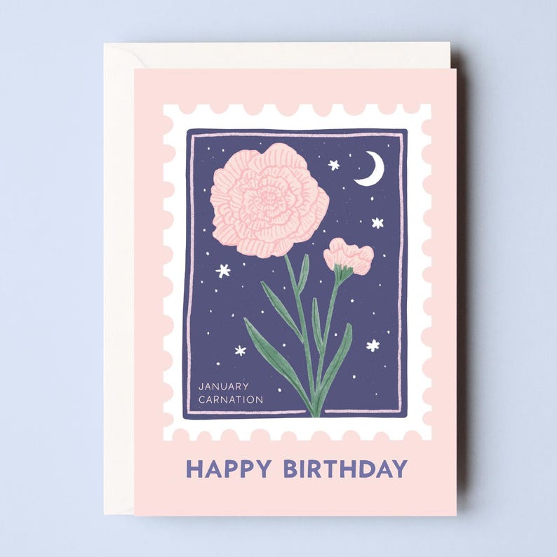 January Birth Flower Birthday Card - Carnation Birthday Card - Flower Stamp Card - January Baby Card - January Birth Flower Card image 1