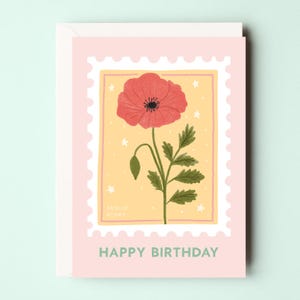 Cartão de aniversário com flores de agosto - Cartão de aniversário com papoula - Cartão de flores de agosto - Cartão de flores de agosto - Cartão com carimbo de flores