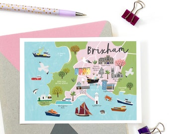 Brixham Map Postcard - Illustrated Map - Map of Brixham - Devon Map Postcard - Illustrated Brixham Map - Travel Postcard - Torbay Postcard