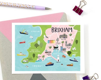 Brixham Map Postcard - Illustrated Map - Map of Brixham - Devon Map Postcard - Illustrated Brixham Map - Travel Postcard - Torbay Postcard