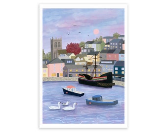 Brixham Harbour - Art Print - Seaside Print - Coastal Decor - Watercolour Print - Seaside Art - Bathroom Decor - Coastal Art - Devon Print