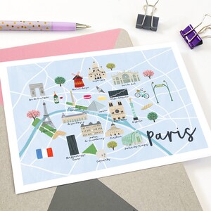 Carte postale plan de Paris - carte postale plan de Paris illustrée - impression d'art plan de Paris - carte postale illustrée de la ville - carte postale cadeau de voyage image 2